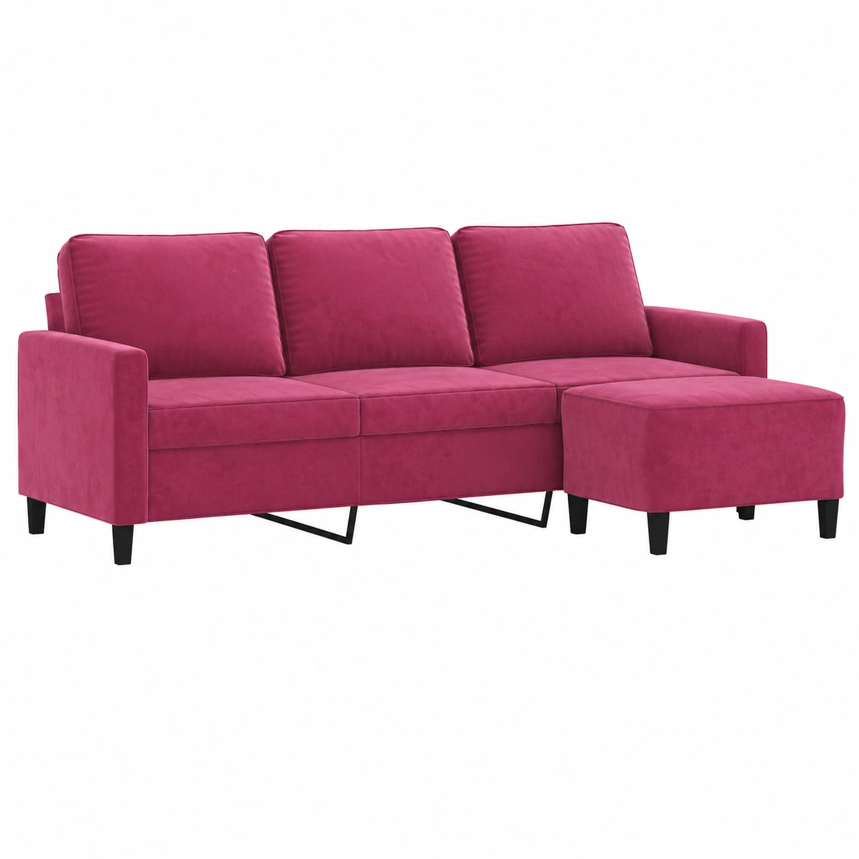Sofá 3 Plazas de Terciopelo Rojo con Taburete y Reposabrazos