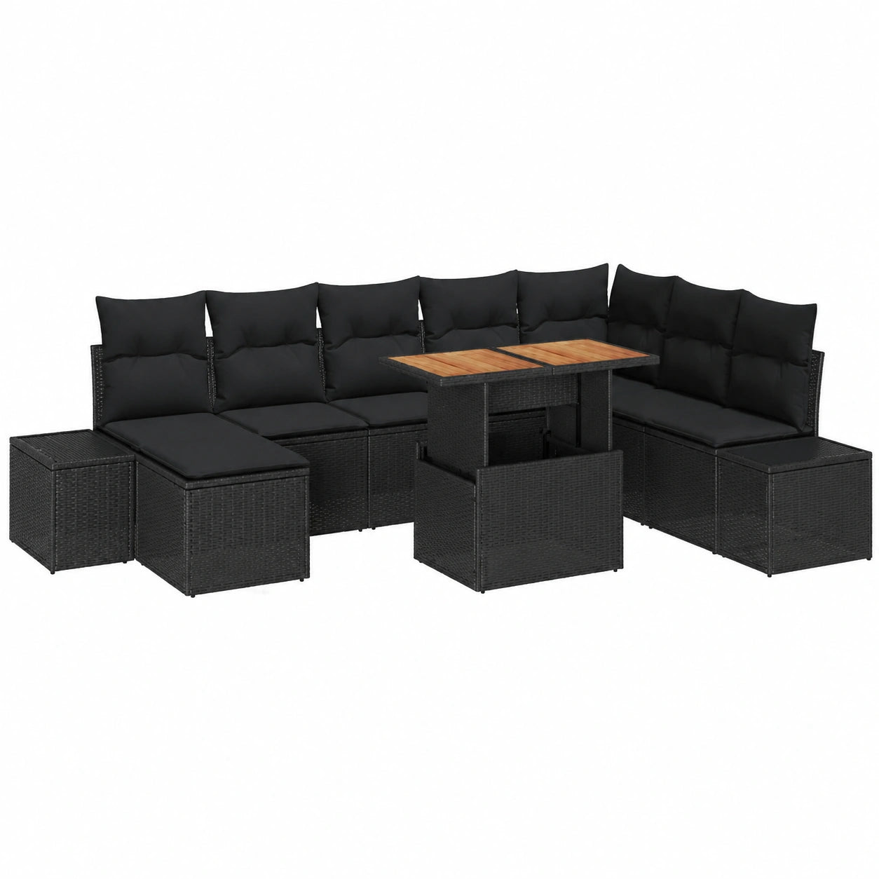 Conjunto de Comedor Jardín 9 Piezas Negro y Marrón, Sofá Modular Exterior, Asiento Duradero y Elegante