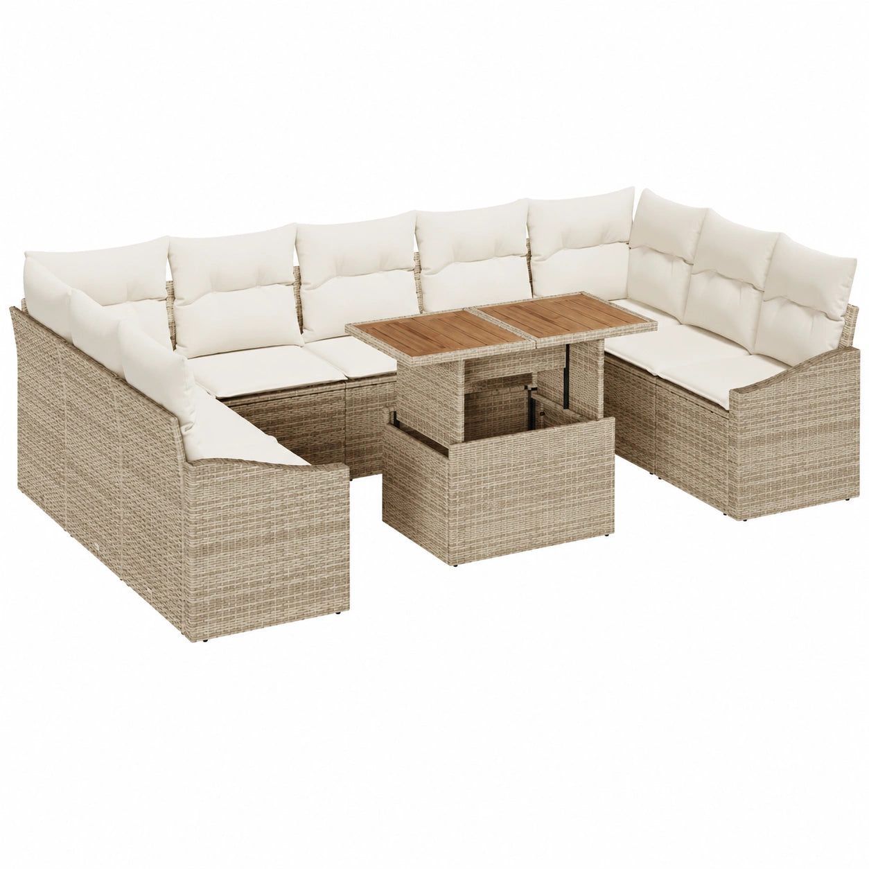Set de Jardín de 10 Piezas con Cojines de Ratán Beige y Estructura de Madera de Acacia