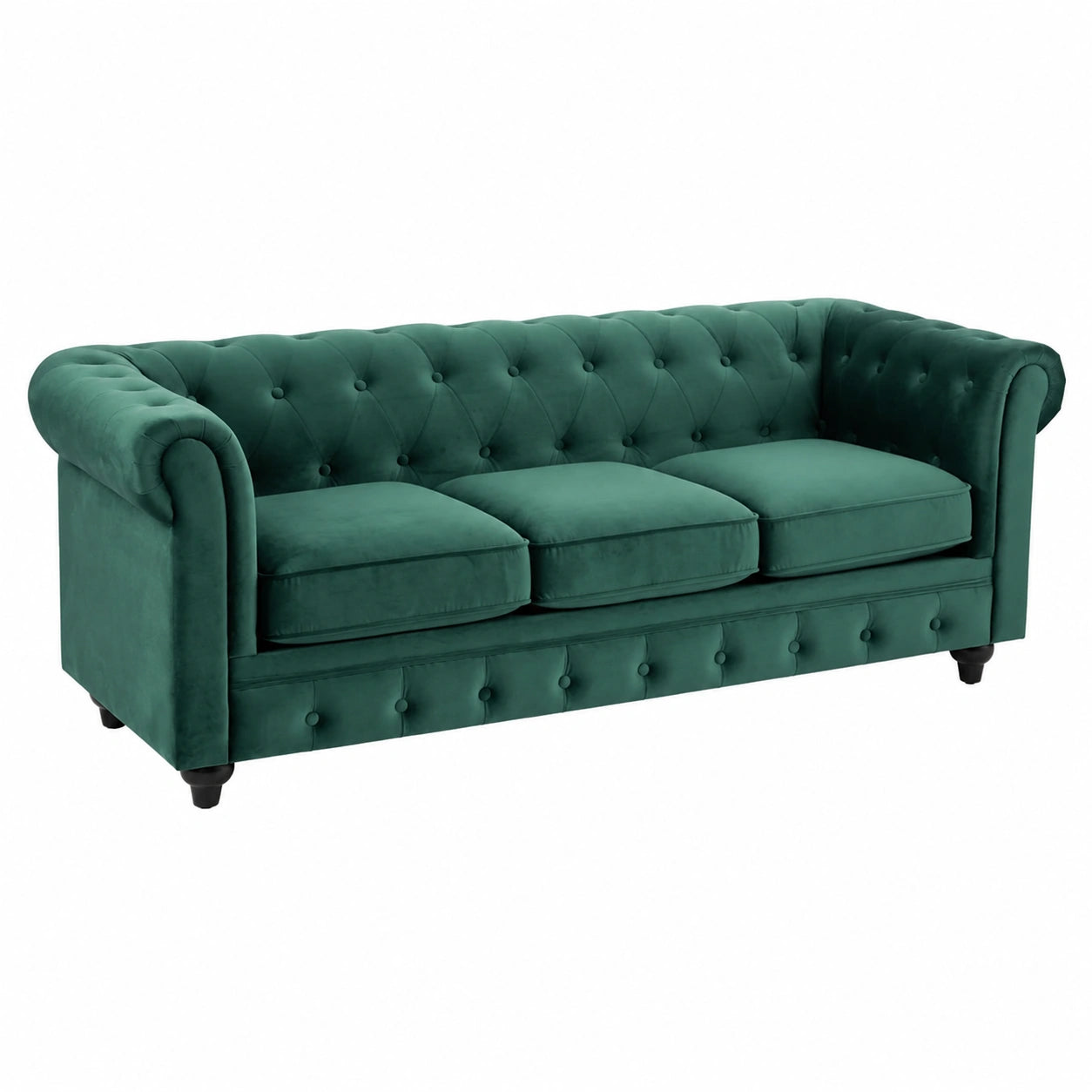 Sofá Chesterfield de Terciopelo Verde, 3 Plazas, Vintage Clásico y Elegante para Salón y Hogar