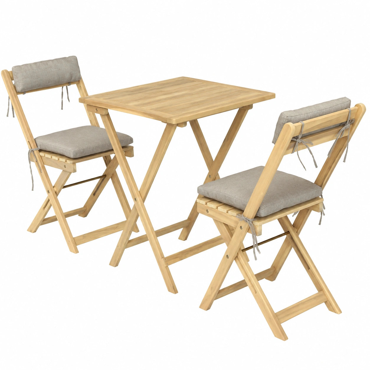 Conjunto de Mesa y Sillas de Jardín Plegables para 2 Personas en Acacia con Cojines Color Arena