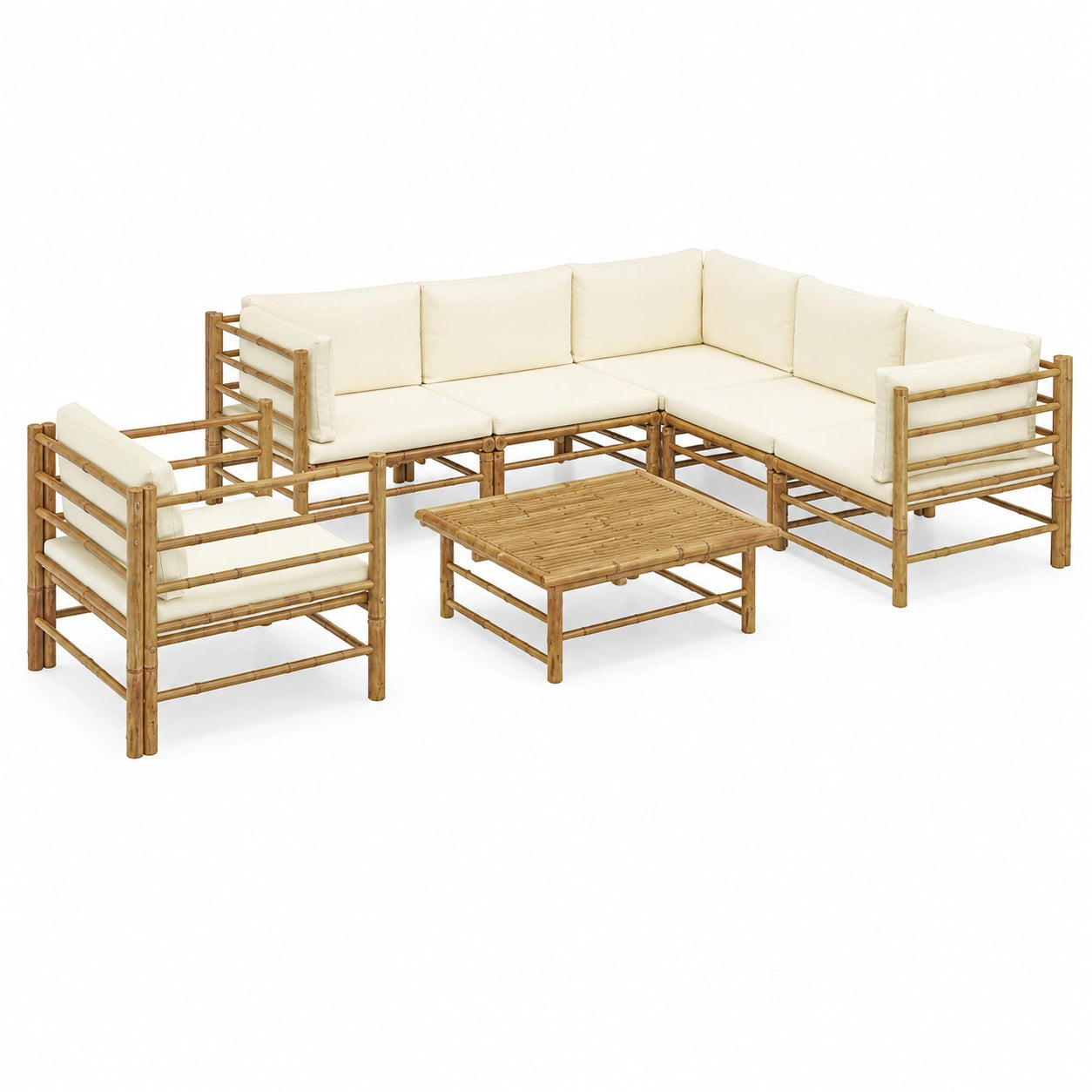 Conjunto de Sofás para Jardín en Bambú con Cojines, 7 Plazas para Terraza y Balcón