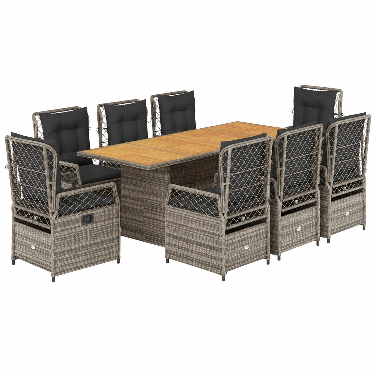 IKAYAA Conjunto de Jardín de Ratán: 8 Sillones Reclinables y Mesa de Acacia, Muebles para Terraza con Cojines Grises